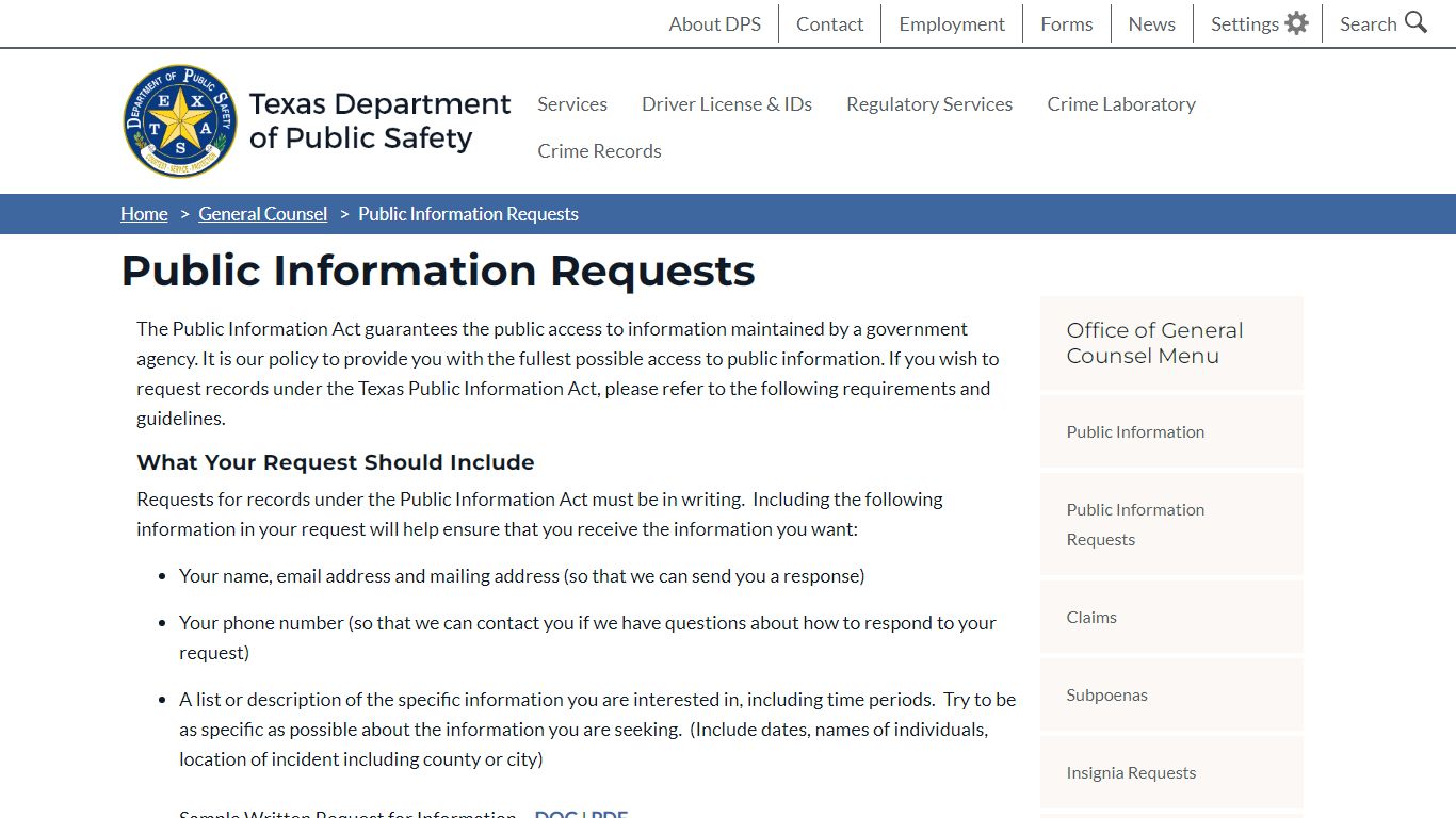 Public Information Requests - Texas Department of Public Safety