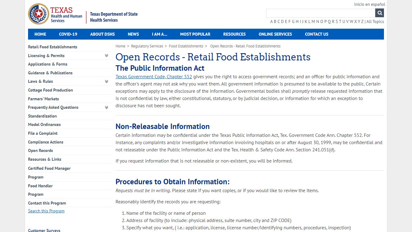 Open Records Requests - Retail Food Establishments - Texas