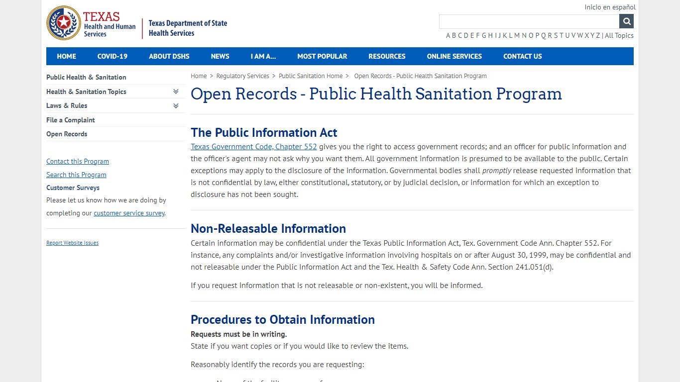 Open Records - Public Health Sanitation Program - Texas